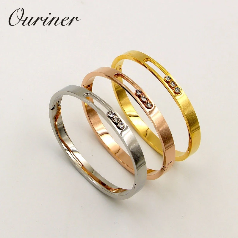 

Brand Turnable Bangles for Women Men Gold-Color Slide Lover Bangles Black CZ Crystal Bangles Simple U Buckle Bangle K0075