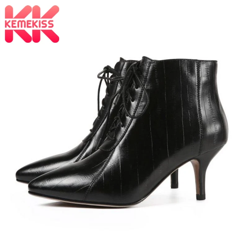 

KemeKiss Women Fur Ankle Boots Genuine Leather Winter Warm Shoes For Women Sexy Zipper Strappy High Heel Boots Size 34-39