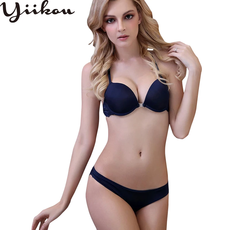 

Female Europe and America Y-shaped front buckle gathered beauty back bra set sexy lace seamless underwear
