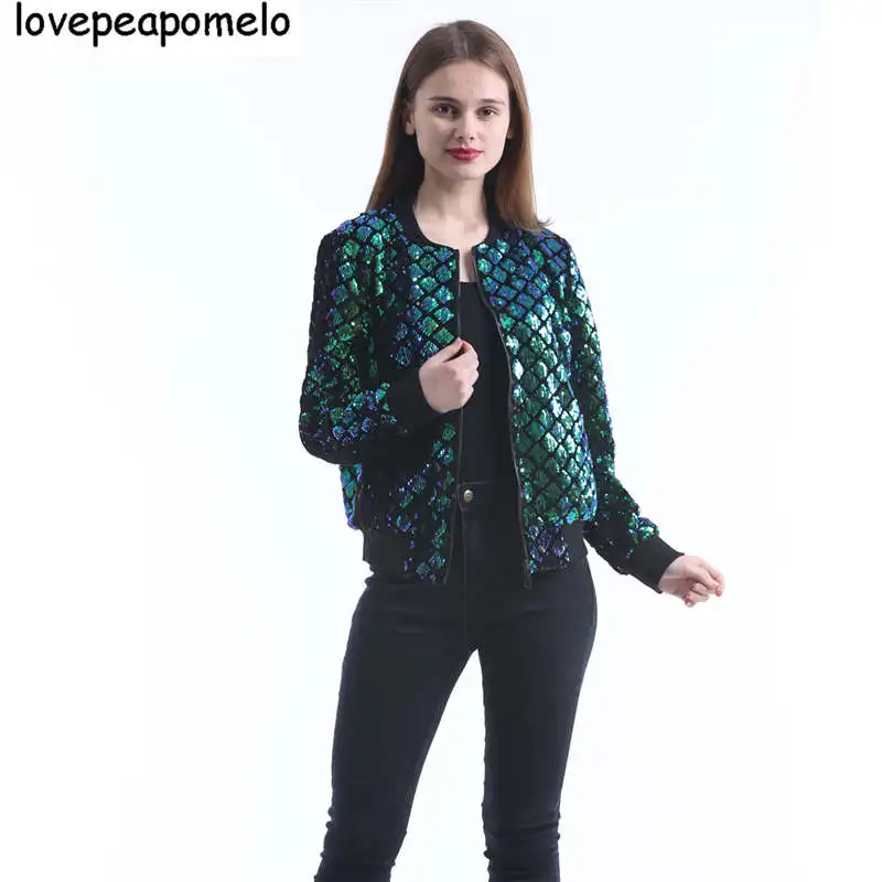 

2018 new spring AutumnKorean version Geometric sequins casual all match Green sequins Women's Slim fashion Zip coat D353