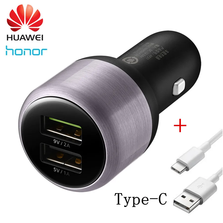 Оригинальное автомобильное зарядное устройство huawei Honor Dual USB 9 В/2 А 5 В/2 а Быстрая зарядка с кабелем быстрой зарядки 2A type C