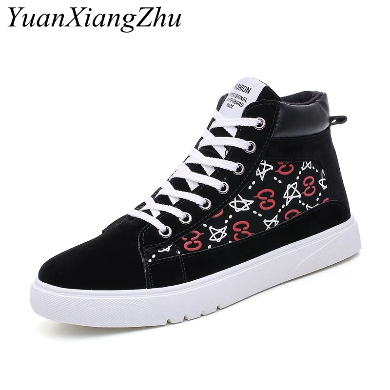 

Fashion Black Men Casual Shoes Hip-hop High Help Men Shoes 2018 New Lace-Up Casual Ankle Boots Brand Flock Flat Canvas Male Shoe