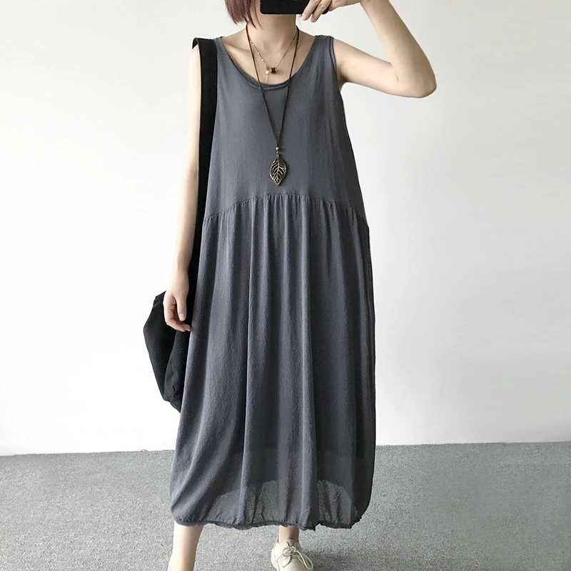 Летнее женское платье свободного кроя однотонное поддельное два жилета без