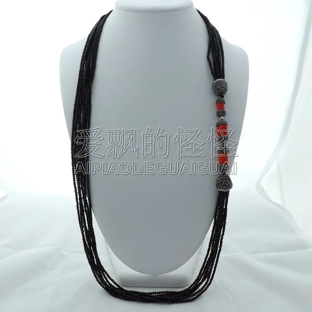 N121501 3" 7 подставки Черный Кристалл Красный коралл ожерелье