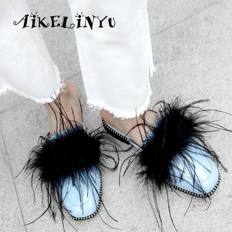 

AIKELINYU New Fashion Sexy Genuine Leather Square Head Low Heels Women Sandals Feather Summer Women Rivetsl Shoes Flip Flops