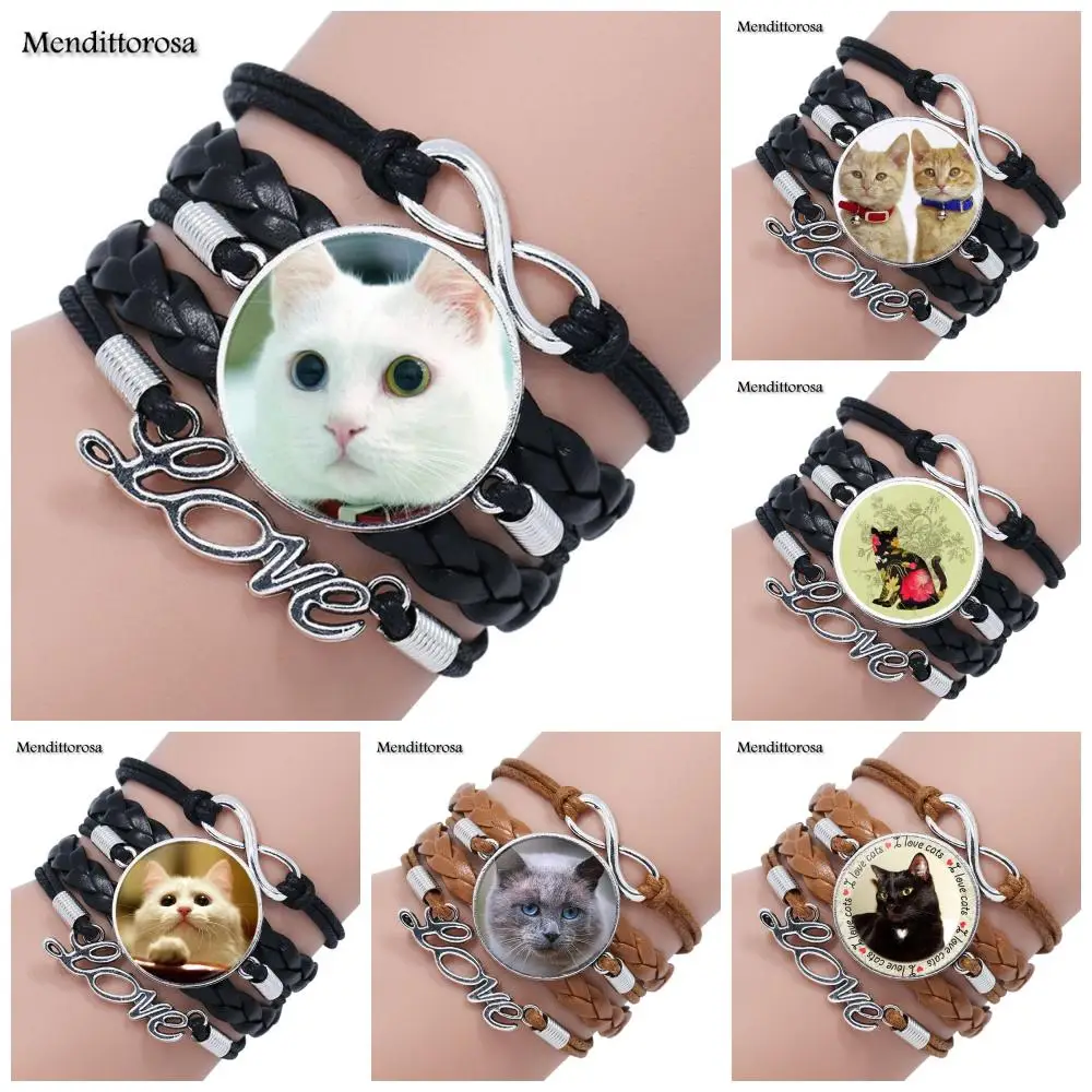 Mendittorosa Lovely Cat Fashion Glass Cabochon Multilayer Black/Brown Leather Bracelet Bangle Handmade Maxi Lovers Best Gifts | Украшения и