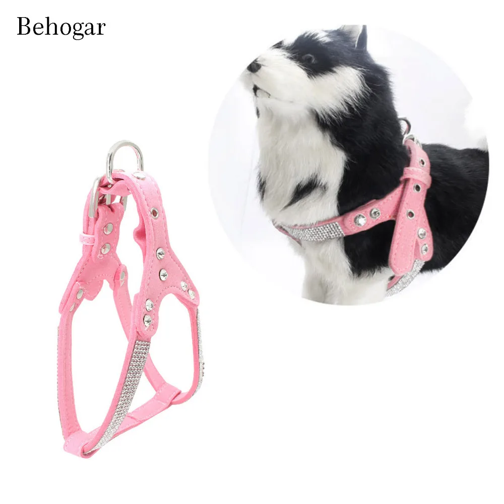 Behogar Leather Puppy Dog Harness Rhinestone Pet Cat Vest Harnesses For
