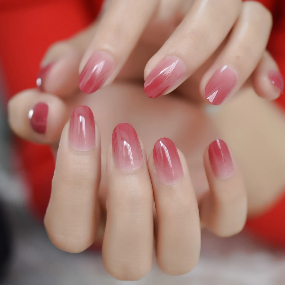 Овальный эффектом деграде(переход от темного к средней накладные ногти: ягодно-красный градиент дизайн ногтей маникюром полное покрытие для ногтей