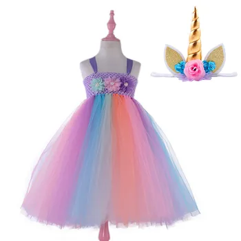 

Prom Dress My Little Baby Girl Tutu Dress Unicorn Cartoon Girls Princess Party Dress Up Costume + Headhand