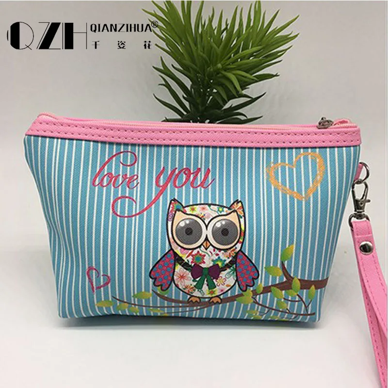 

2018 Owl Handmade pu Cosmetic Bag Toiletry Animal Cartoon Travel Zipper Leather Makeup Waterproof Wash Organizer Free Shipping