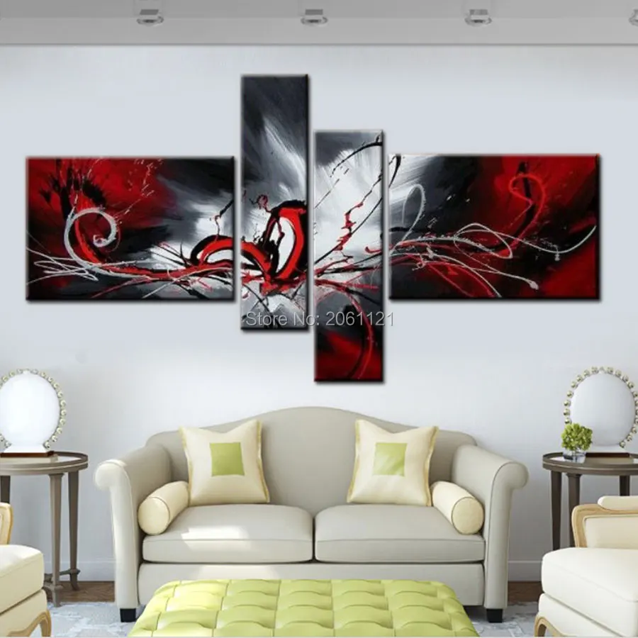 

Modern Abstract cnavas oil painting hand painted Black White and Red Wall Art Home Decorative Picture 4 Panels Canvas Art