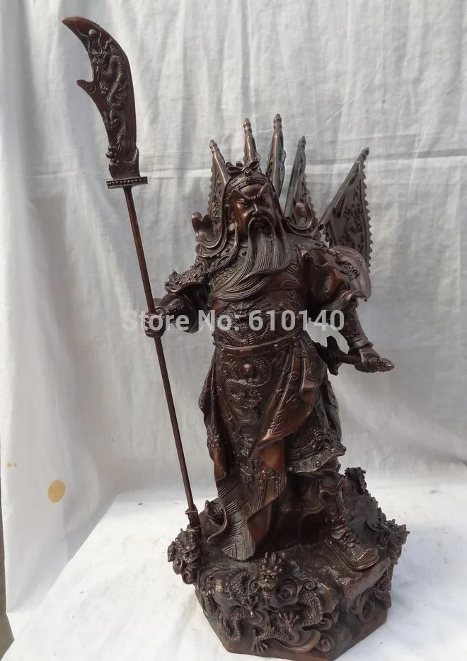 17" Chinese Bronze Stand 9 Dragon Head Warrior God GuanGong GuanYu