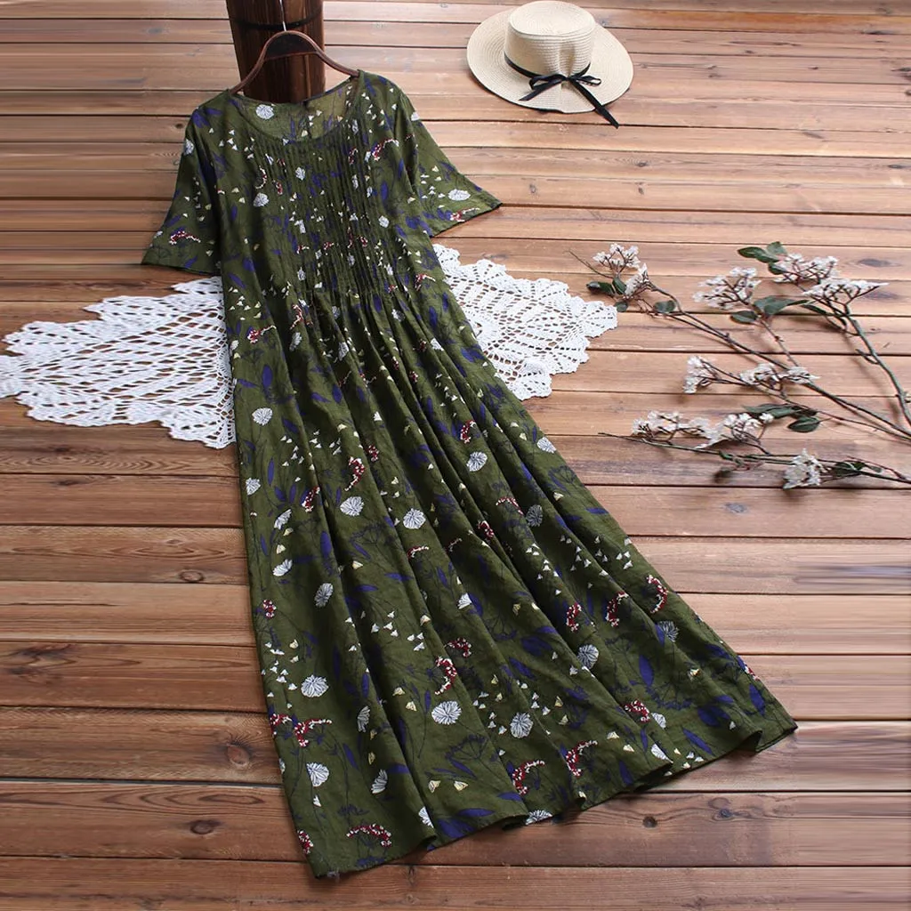 Women Summer Dress Pleated Leaves Floral Print O-Neck Short Sleeve Vintage Maxi Dress Female Fashion Vestidos Plus Size M40