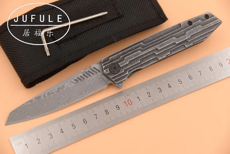 

JUFULE Brand Cypher Real VG-10 Damascus ball bearing flipper Steel handle folding camping hunting utility EDC tool kitchen knife