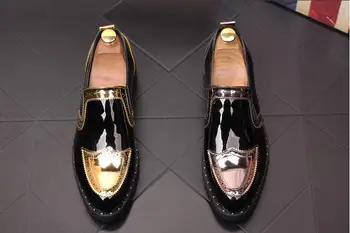 

Pointed Toes Genuine Patent Leather Men Dress Shoes Smart Casual Flats Loafers Carved Increased within shoes Patchwork Rivets