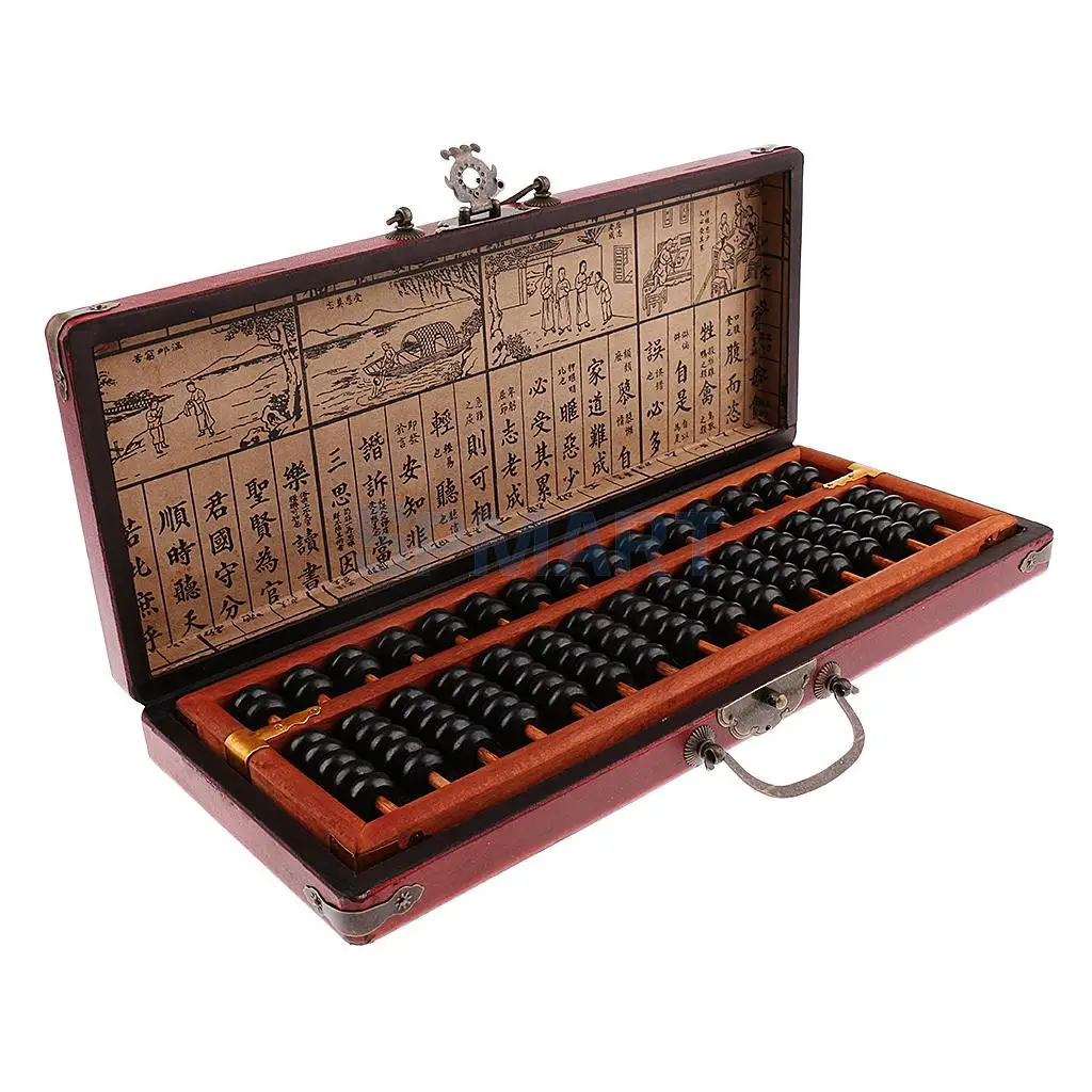 Vintage Chinese Wooden Bead 15 Rods Arithmetic Abacus with Box for Children Adults Gift