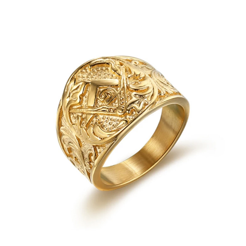 

Size 7-15 Luxury Gold Masonic Ring for Men Jewelry AG Letter Carved Vintage Stainless Steel Punk Biker Rings Man Gothic Freemaso