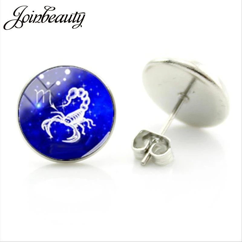 

JOINBEAUTY 12 Zodiac Sign Stud Earrings Glass Cabochon Cancer Scorpio Taurus Aquarius Women Silver Plated Earring Jewlery ZX09