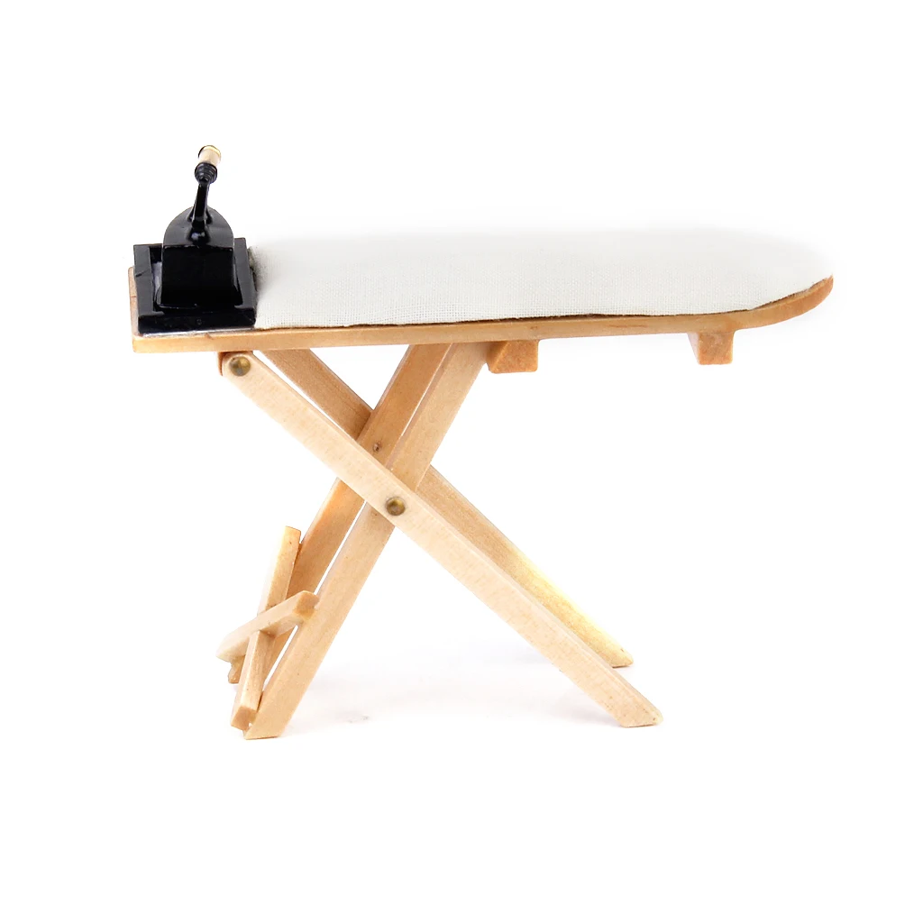 Dolls house Miniature sewing room Iron Wooden Ironing Board Set for 1/12 Scale