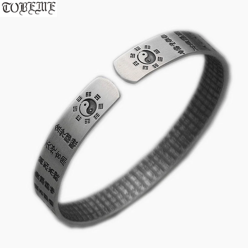 

100% 999 Silver Cuff Bracelet Buddhist Heart Sutra Bangle Real Pure Silver Fengshui Taichi Yinyang Bangle Good Luck Bracelet