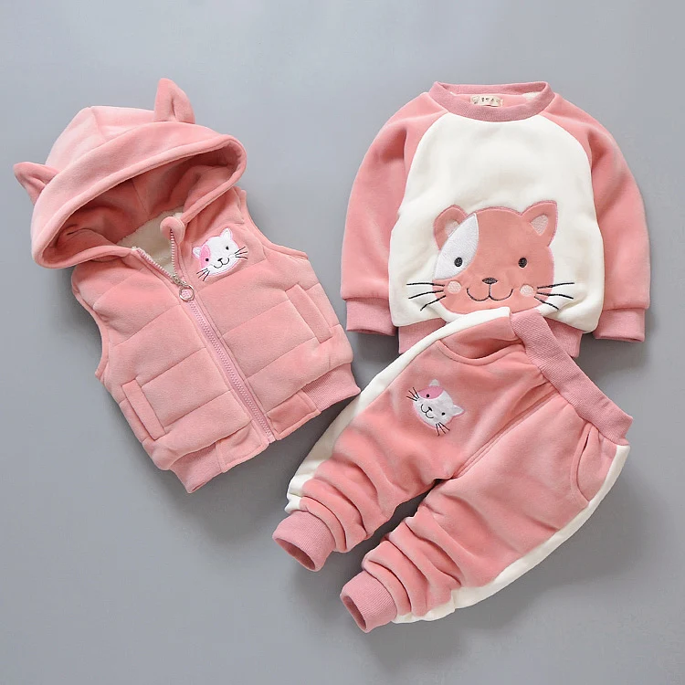 

New Baby Infant Kids Winter Clothing Sets 3 Pcs Boys & Girls Cartoon Cat Waistcoat + Tops + Pants Children's Wadded Clothes A941