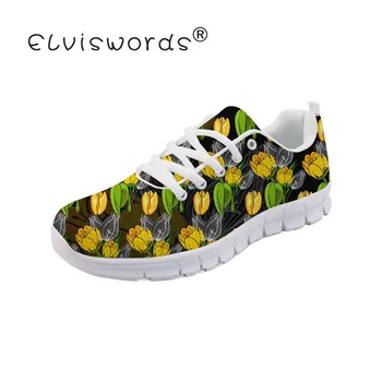 

ELVISWORDS Female Tulip Pattern Sneakers Mesh Flats Ladies Teenagers Fashion Breathable School Students Moccasins Sport Shoe