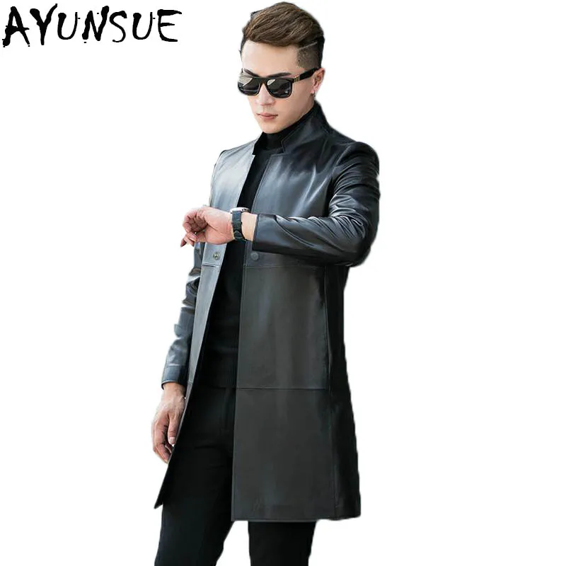 

AYUNSUE Autumn Winter Genuine Leather Jacket Man Long Slim Real Sheepskin Leather Jackets Male Windbreaker Plus Size 4XL LX1941