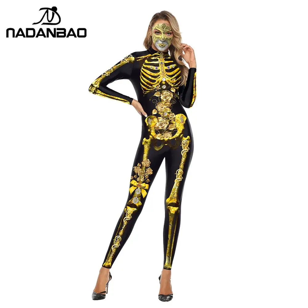 

NADANBAO Scary Halloween Cosplay Costume Gold Skeleton Jumpsuit For Women Bodysuits Elastic Catsuits Crystal Skeleton