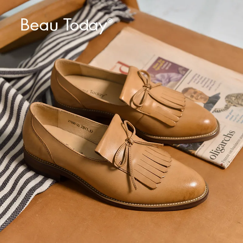 BeauToday/женские лоферы, украшенные кисточками и бантиком-бабочкой, из натуральной кожи, мягкая мужская обувь из телячьей кожи, Брендовая обувь на плоской подошве ручной работы, 27090