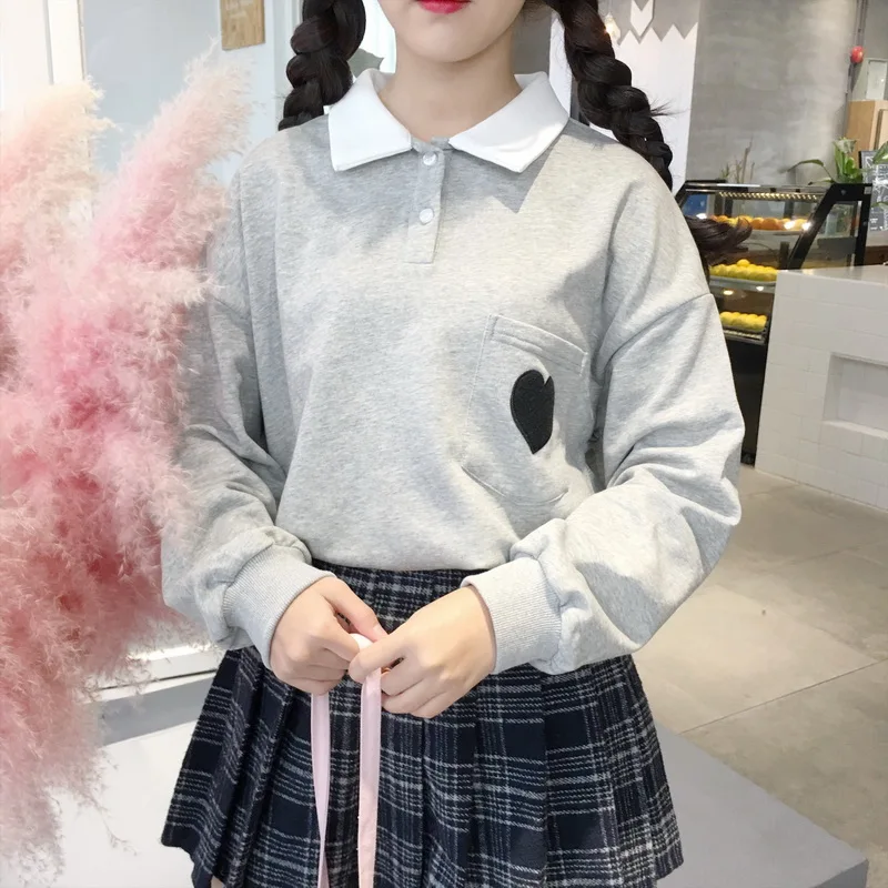 Harajuku/модные женские толстовки с милой вышивкой в виде сердца; милые хлопковые толстовки с отворотом для студентов; свободные женские пуловеры с воротником поло