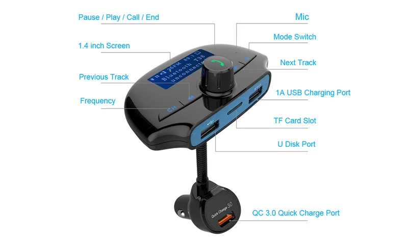 AGETUNR T36 Bluetooth автомобильный комплект громкой связи набор fm-передатчик MP3 музыкальный плеер QC 3,0 быстрая зарядка, 3 usb порта Поддержка TF и U диск