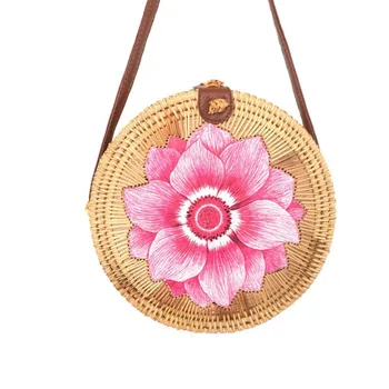 

Bali Rattan Handbags Colorful Flower Circular Shoulder Bags for Women 2019 Fashion Designer Style Beach Straw Crossbody Bag