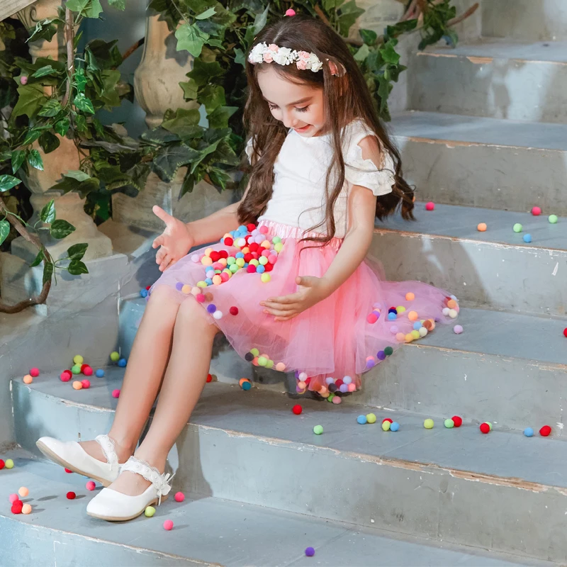 B&N Soft Chiffon Elastic Waist Girl Princess Pettiskirts Children Dance Solid Tutu Skirts Coloful Pompom Tulle Skirts For 2-8T6