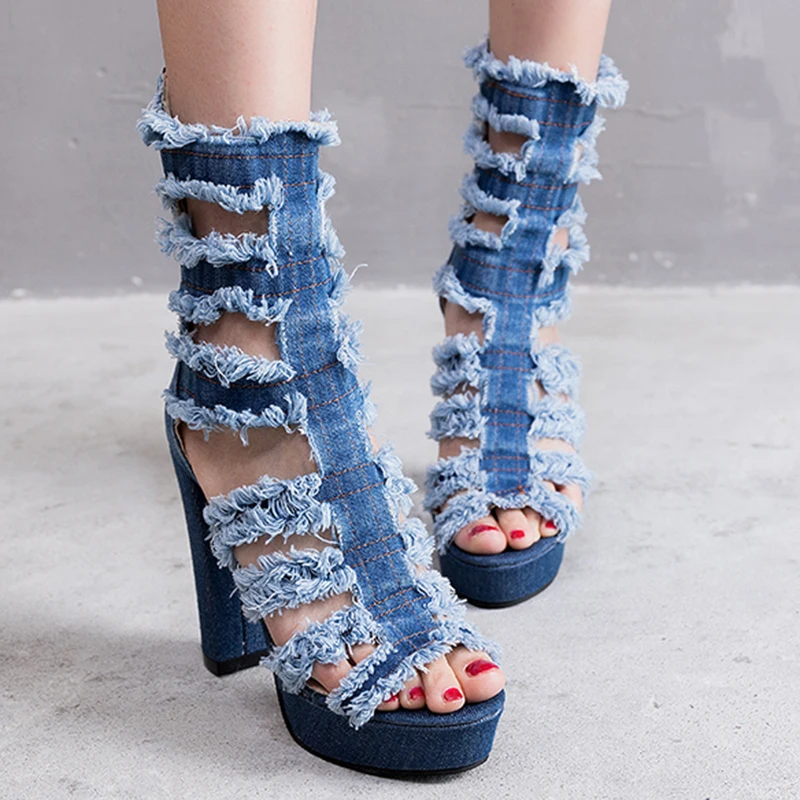 Tanie Letnie buty damskie Denim Peep Toe super wysokie szpilki solidna platforma do połowy łydki gumowy zamek buty ślubne damskie zapatos mujer N60W