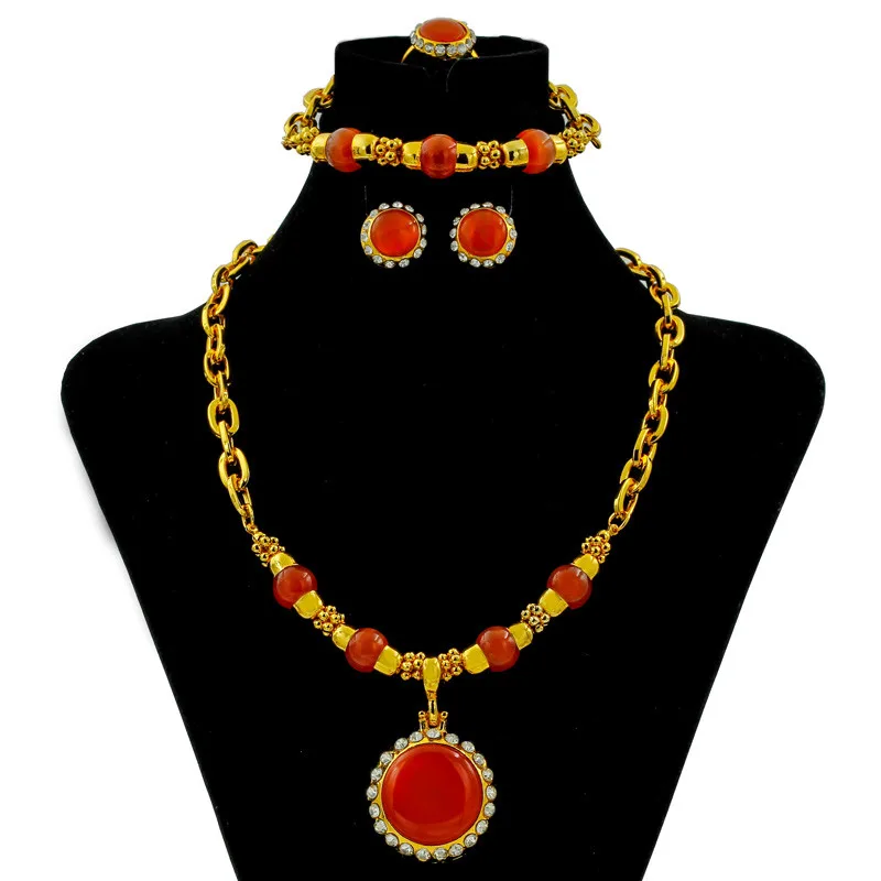 Большие массивные модные 24 Золотые Ювелирные наборы Дубай ожерелье серьги кольцо Очаровательные женские вечерние серьги в подарок цветочный дизайн аксессуары для серег