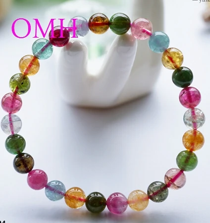 

OMH wholesale 6.25-8mm IFull of vitality Colorful real Pure natural round Top-level tourmaline beads bracelet PJ403 DHL free