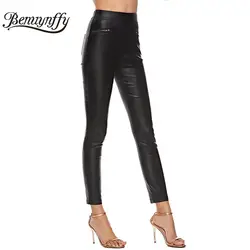 Benuynffy для женщин из искусственной кожи брюки для девочек 2019 Весна Новая мода Черный Высокая талия карандаш брюки