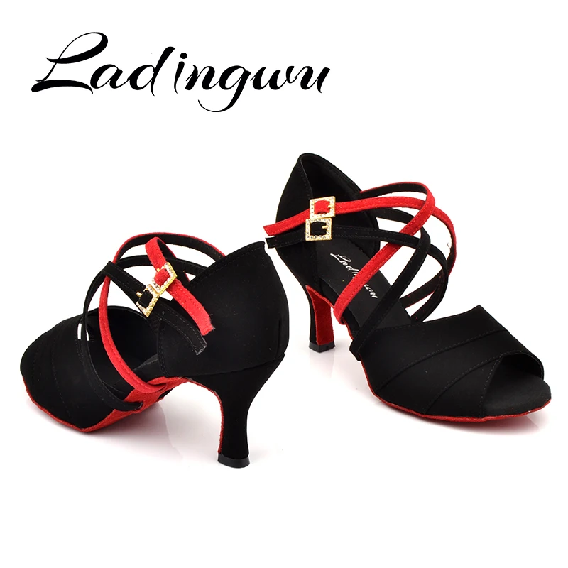 Ladingwu Latin dance shoes women NEW Black/Red Flannel Shoes Dance Red Soft Bottom Cuba high heel 6-10cm Salsa Ballroom dancing