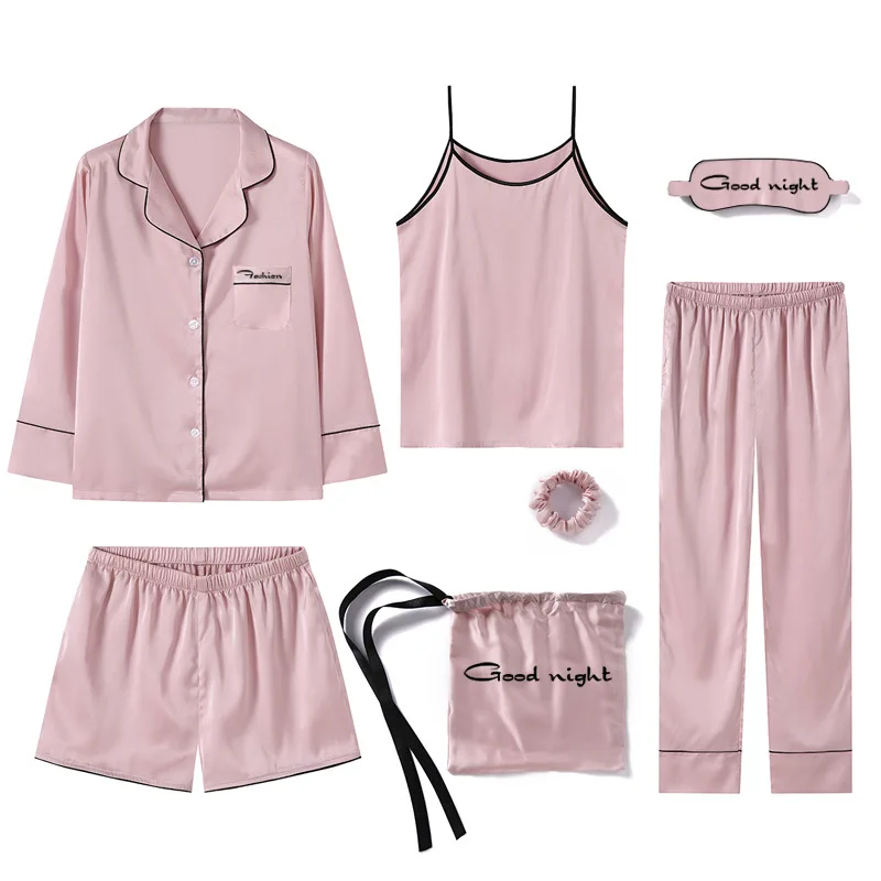 Pink Women's 7 Pieces Pajamas Sets Emulation Silk Striped Pajamas Women Homewear