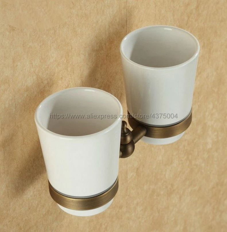 Antique Brass Bathroom Accessory Wall Mounted Toothbrush Holder with Two Ceramic Cups Nba088a