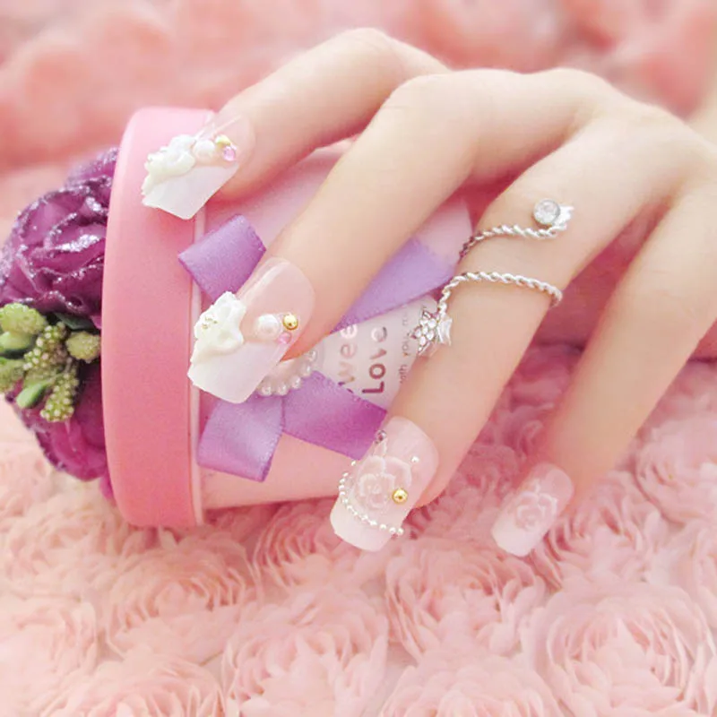 24 шт./компл. Полный Накладные ногти с резиновыми полосками продается 3D цветы бусины свадебные искусственные ногти на руках ноготь искусство украшения инструмент@ ME88