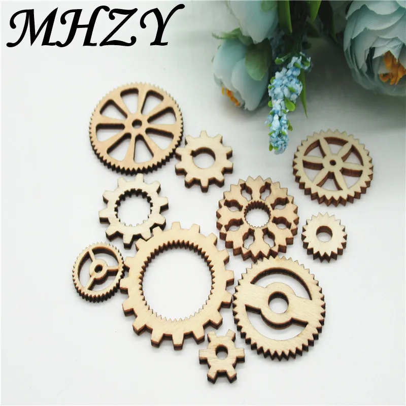 

20/50pcs 15~40mm Natural mix type Hollow engraving gear pattern wood Scrapbooking Handmade Carft for Home decoration diy Q29