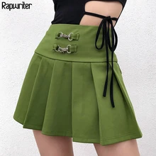 Rapwriter из металла в стиле панк Пряжка Высокая талия плиссированная зеленая юбка для женщин летняя Уличная Сексуальная Женская мини-юбка Saias falda