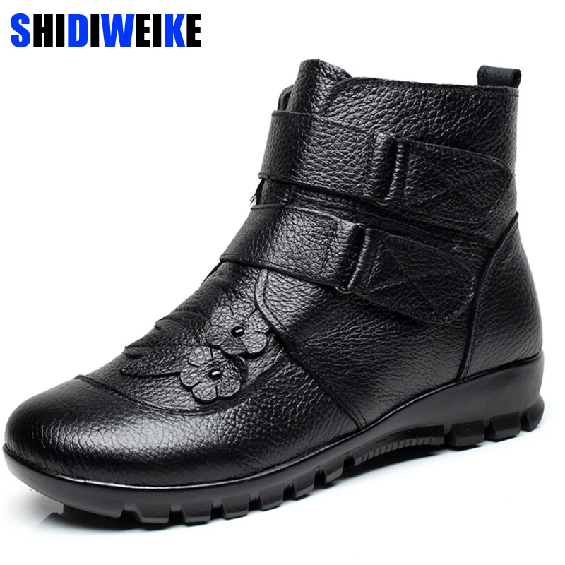 

Women Genuine Leather Ankle Warm Boots Hook & Loop Flower Wedges Boots Warm Shoes Winter Short Botas Women Footwear n250