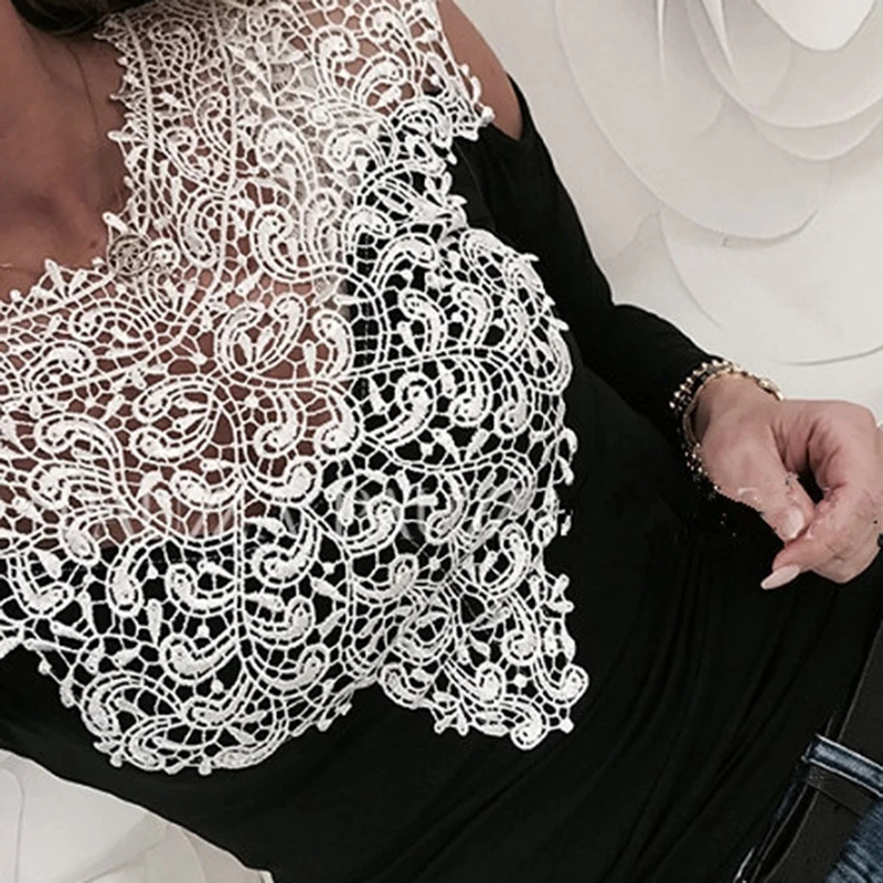 Women Off-shoulder Lace Stitching Tops Slim Casual Hollow Out O Neck T-shirt Sexy Patchwork Women Tee Shirt Tops