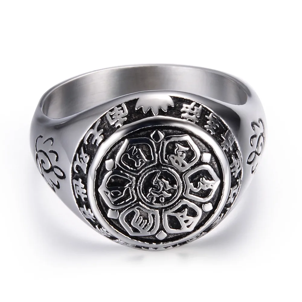 Винтажное кольцо под старину, серебряное, большое кольцо с Буддой и лотусом, буддизм, шесть слов мантры для женщин и мужчин, подарки для влюбленных, Байкерская печатка, ювелирное изделие