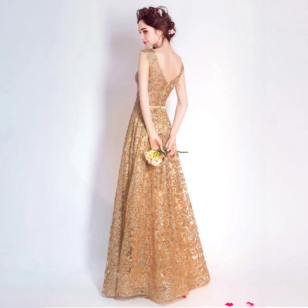 Tulle sequined Muslim Gold Evening Dress Long Formal gown Prom Robe de Soiree bling bling elegant sexy important occasion dress Tulle sequined Muslim Gold Evening Dress Long Formal gown Prom Robe de Soiree bling bling elegant sexy important occasion dress