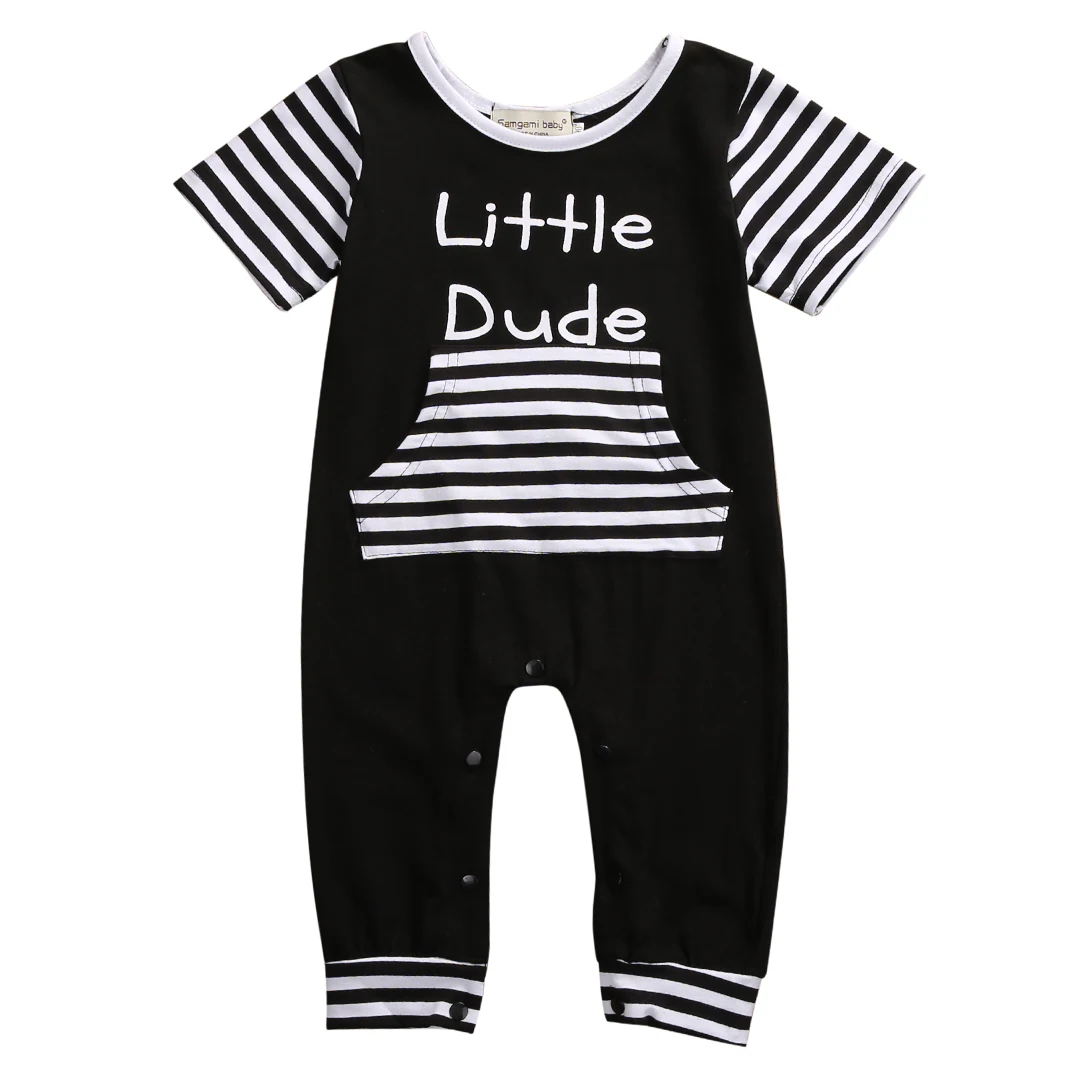 Newborn Baby Boys Kids Letters Stripes Rompers Lucky Child Pocket