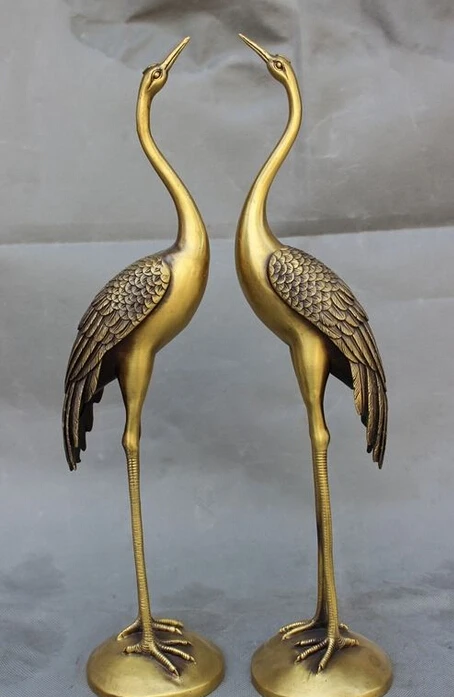

17" Chinese Bronze Folk Culture JiXiang FengShui Bird Fly Crane Statue Pair