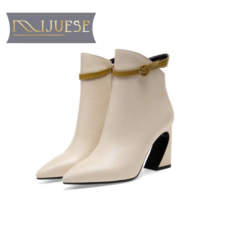 

MLJUESE 2019 women ankle boots cow leather mixed colors buckle strap autumn spring spike heel high heels women martin boots